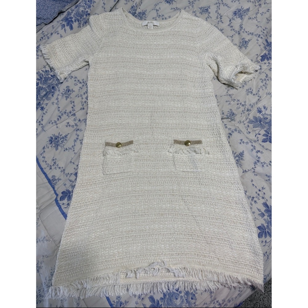 Lilly Pulitzer Womens Cream Metallic Knit Fringe Shift Dress Gold Button Large